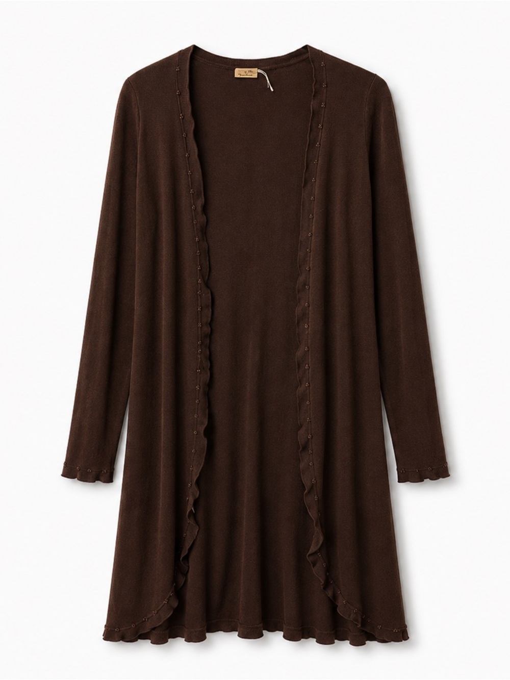 Maxstudio Vintage Brown Long Open Front Ruffle Cardigan Silk Cotton Size M